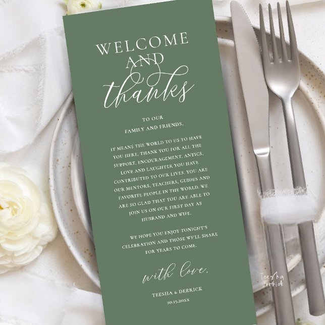 Modern Classy Wedding Reception Thank You Card (Modern Classy Wedding Reception Dinner Brunch Lunch Thank You Card in Sage Green)