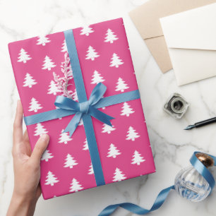Modern Classy White Christmas Trees on Pink Wrapping Paper