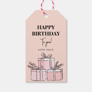 Modern Clean Beige Wrapped Gift Box Happy Birthday Gift Tags