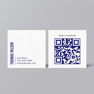 Modern Clean Bold Blue White Consultant QR code Square Business Card