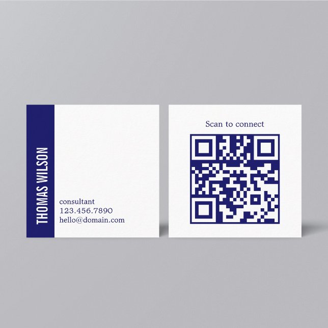 Modern Clean Bold Blue White Consultant QR code Square Business Card (Creator Uploaded)
