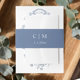 Modern Clean Minimalist Dusty Blue Monogram Invitation Belly Band