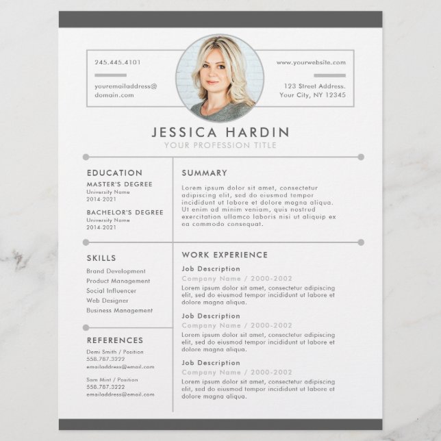 Modern Clean White & Grey Photo Job Resume Flyer (Front)