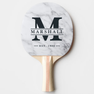 Modern Clean White Marble Monogram & Name Overlay Ping Pong Paddle