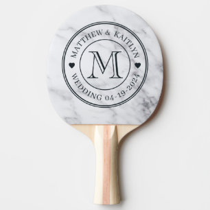 Modern Clean White Marble Wedding Monogram Heart Ping Pong Paddle