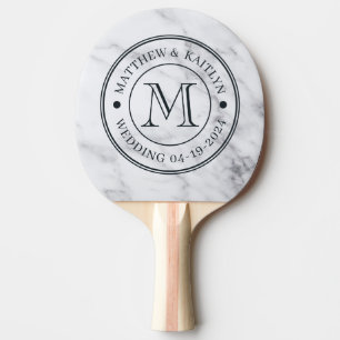 Modern Clean White Marble Wedding Monogram Ping Pong Paddle