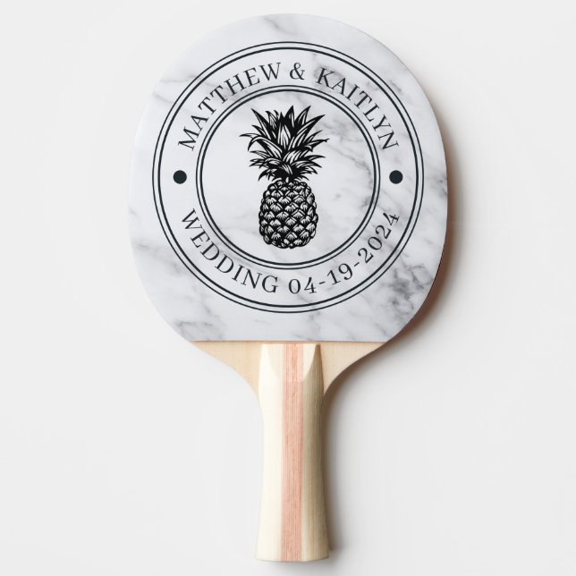Modern Clean White Pineapple Wedding Crest & Names Ping Pong Paddle (Front)