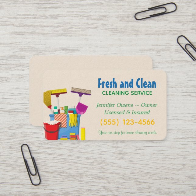 Modern Cleaning Bucket Housekeeping Service Business Card (Front/Back In Situ)