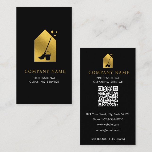Modern Cleaning Cleaner Service Logo Gold QR Code Business Card (Front/Back)
