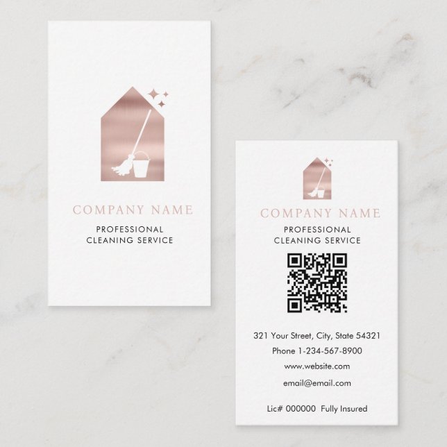 Modern Cleaning Cleaner Service Logo Rose Gold Business Card (Front/Back)