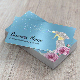 Modern Cleaning Service Silver Spray Baby Blue Business Card