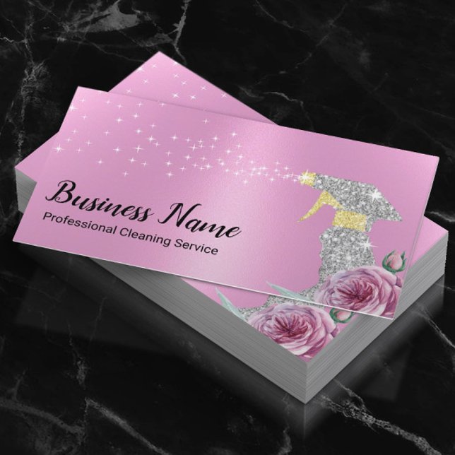 Modern Cleaning Service Silver Spray Girly Pink Business Card (Creator Uploaded)