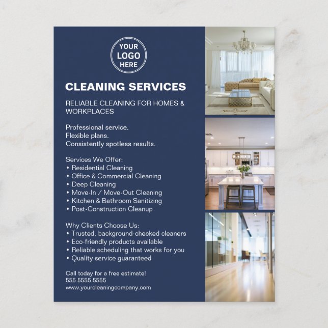 Modern Cleaning Services Photo Logo Navy Blue Flyer (Front)