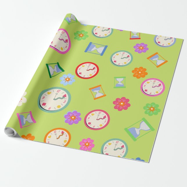 Modern clocks and flowers green party wrapping paper (Unrolled)