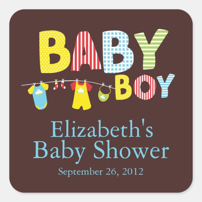 Modern Clothesline Baby Boy Baby Shower Sticker (Front)