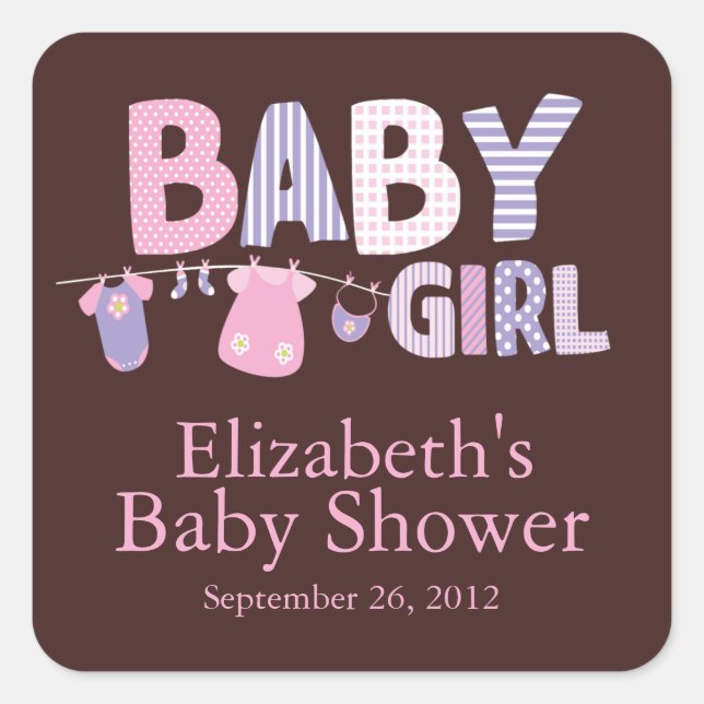Modern Clothesline Baby Girl Baby Shower Sticker (Front)