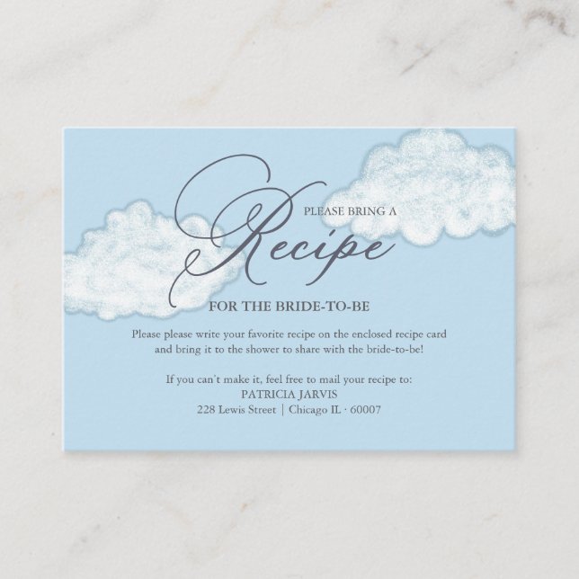 Modern Cloud Bridal Shower Recipe Request Enclosure Card (Front)