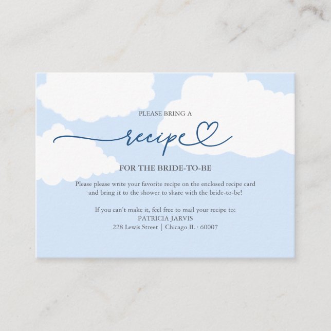 Modern Cloud Bridal Shower Recipe Request Enclosure Card (Front)