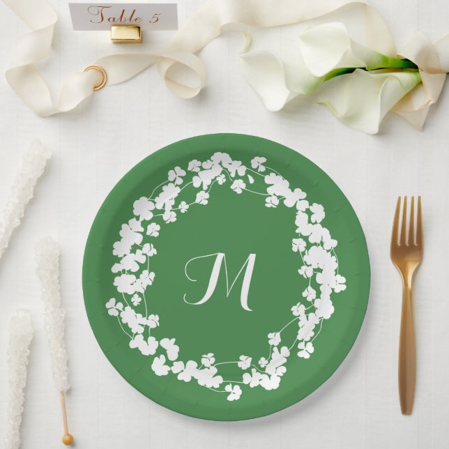 Modern Clover Leaves Wreath St Patricks Monogram  Paper Plate (Wedding)