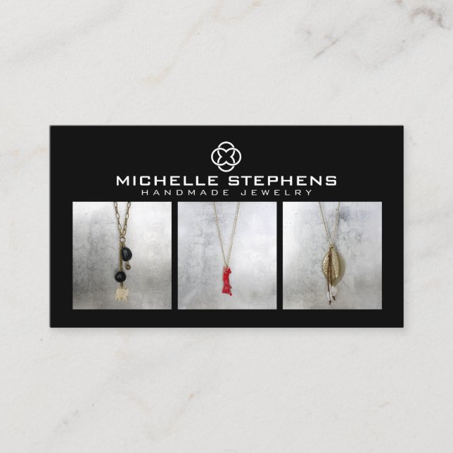 Modern Clover Logo Luxury Boutique Black Photo Business Card (Front)