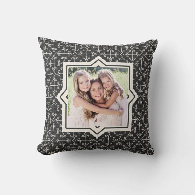 Modern Coal and Cream Pattern with Two Photos Throw Pillow (Front)
