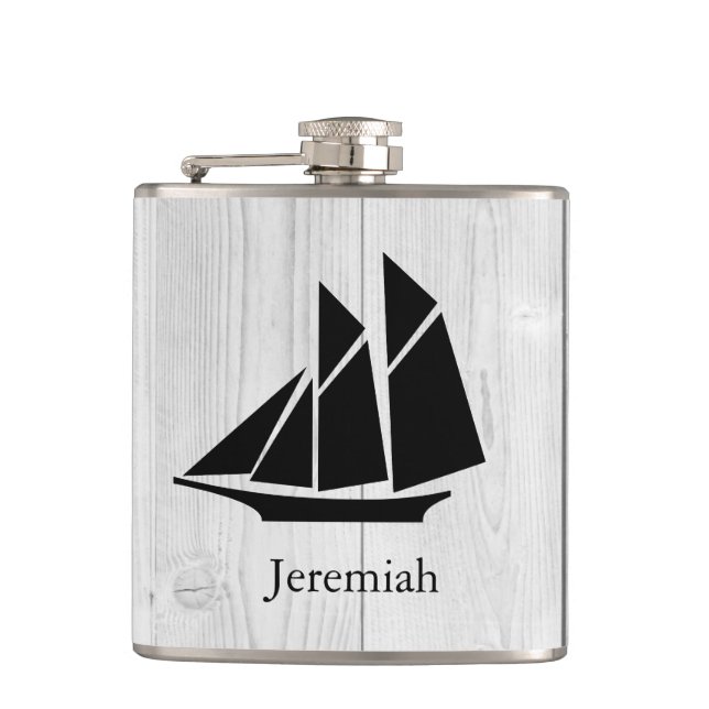 Modern Coastal Black Sailboat & White Wood Planks Hip Flask (Front)