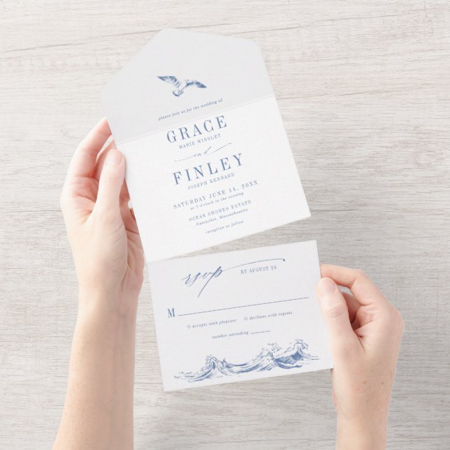 Modern Coastal Chic Blue Seaside Wedding All In One Invitation (Tearaway)