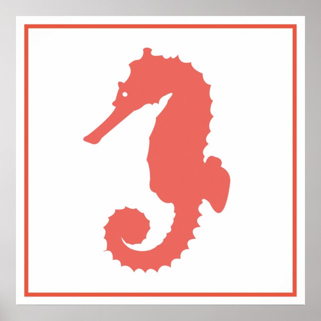 Modern Coastal Coral Pink Seahorse Silhouettte Poster (Front)