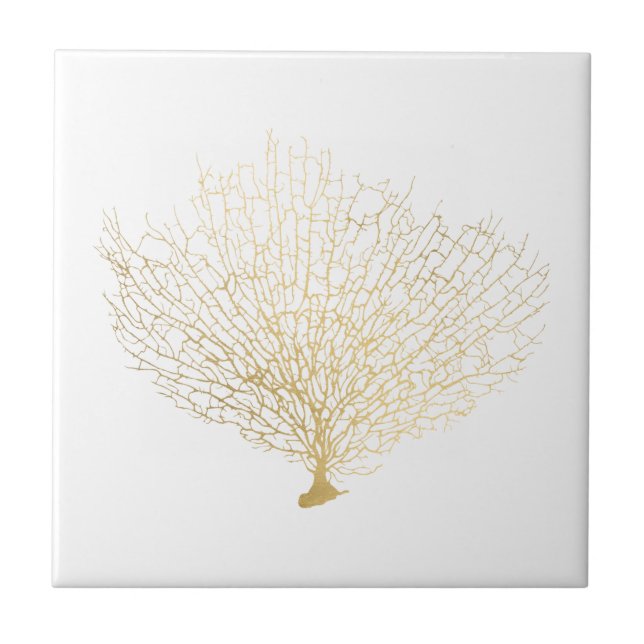 Modern Coastal Gold Sea Fan Coral Tile (Front)