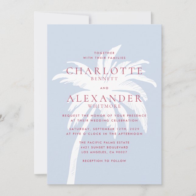 Modern Coastal Palm Tree in Blue and Pink Wedding  Invitation (Front)