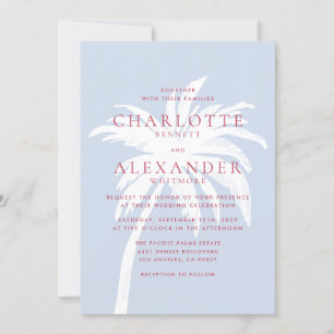 Modern Coastal Palm Tree in Blue and Pink Wedding  Invitation