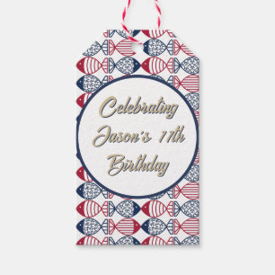Modern Coastal Red, Blue and White Fish Pattern Gift Tags