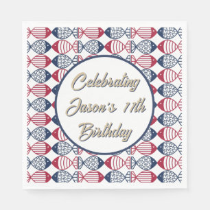 Modern Coastal Red, Blue and White Fish Pattern  Napkin