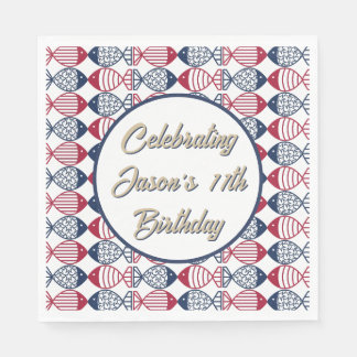 Modern Coastal Red, Blue and White Fish Pattern Napkin
