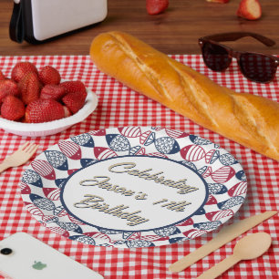 Modern Coastal Red, Blue and White Fish Pattern Paper Plate