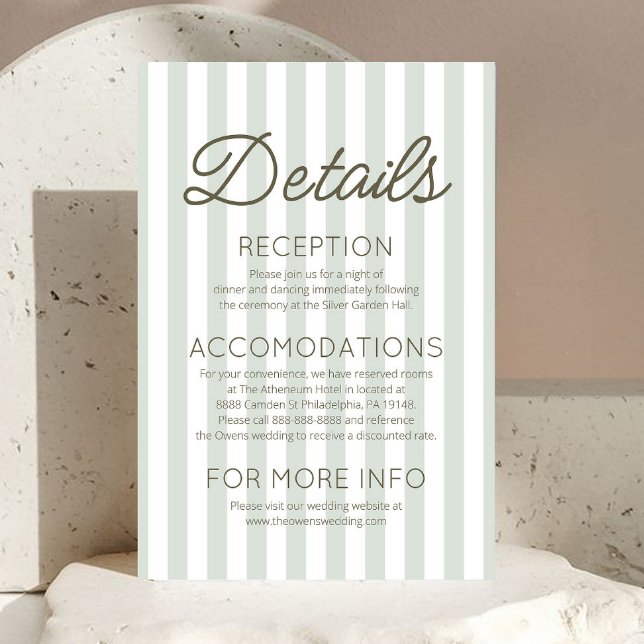 Modern Coastal Sage Green Stripes Wedding Details Enclosure Card (Creator Uploaded)