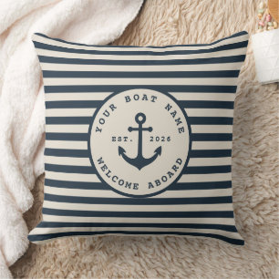 Modern Coastal Sand Beige Stripe Monogram Throw Pillow