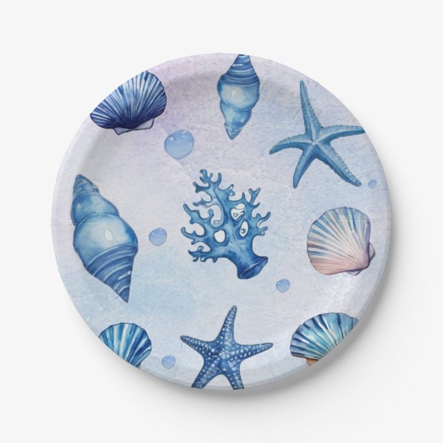 Modern Coastal Sea Shells Treasure Ocean Birthday  Paper Plate (Front)