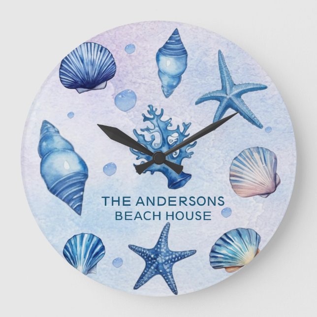 Modern Coastal Sea Shells Treasure Ocean Custom    Large Clock (Front)