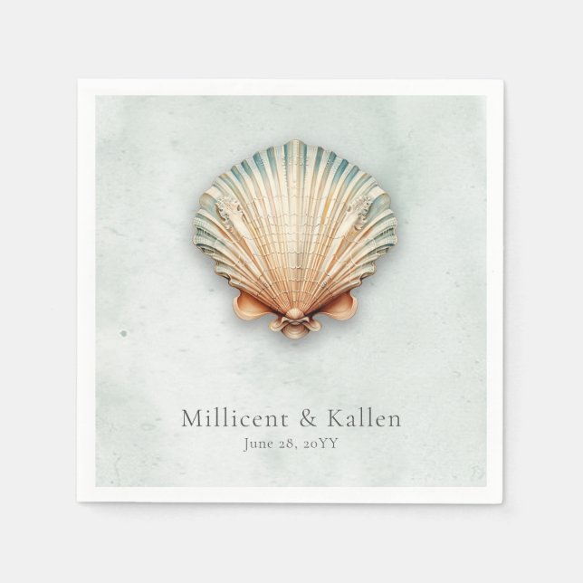 Modern Coastal Seashell Aqua Wedding Napkin (Front)