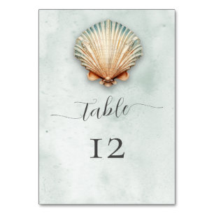 Modern Coastal Seashell Aqua Wedding Table Number