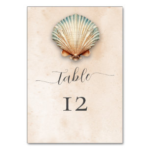 Modern Coastal Seashell Sand Wedding Table Number