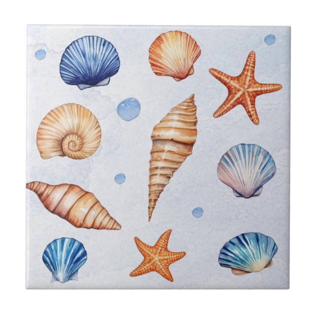 Modern Coastal Seashells Pattern Treasure Ocean Tile (Front)