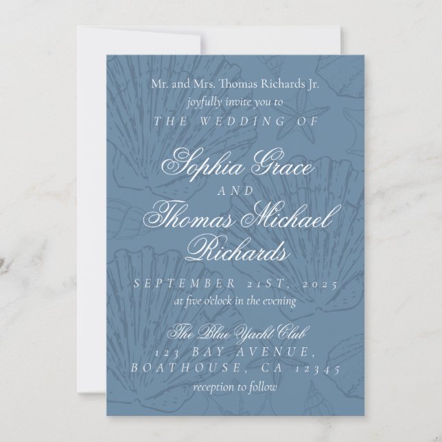 Modern Coastal Shell Sketch Wedding Invitation (Front)