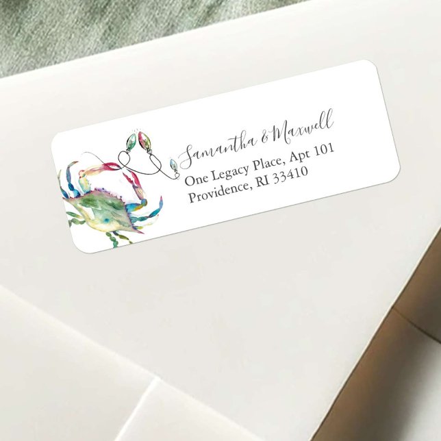 Modern Coastal Watercolor Christmas Crab Unique (Beach Christmas return address labels watercolor crab and holiday lights art by Victoria Grigaliunas)