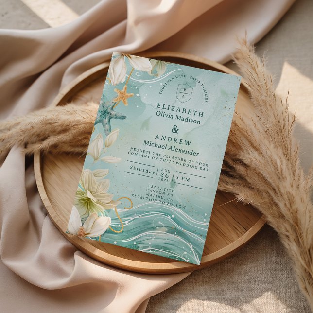 Modern Coastal Wave Floral Wedding Invitation (Creator Uploaded)
