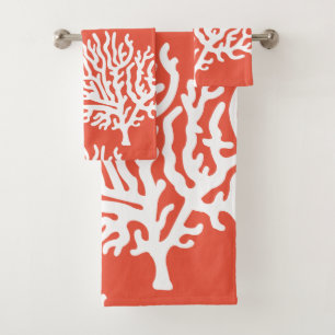 Modern Coastal White Sea Corals & Coral Pink Bath Towel Set