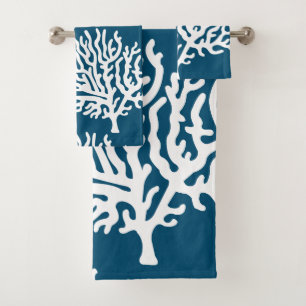 Modern Coastal White Sea Corals & Dark Blue Bath Towel Set