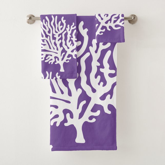 Modern Coastal White Sea Corals & Purple Bath Towel Set (Insitu)