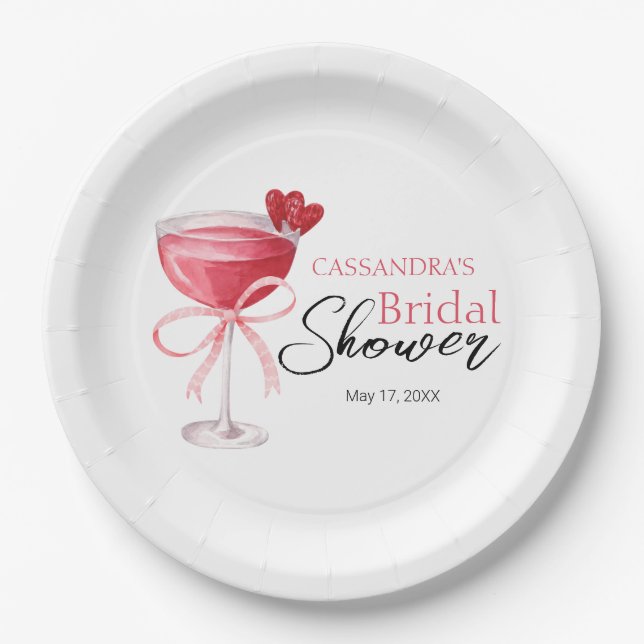 Modern Cocktail Drink Pink Bow Bridal Shower  Paper Plate (Front)